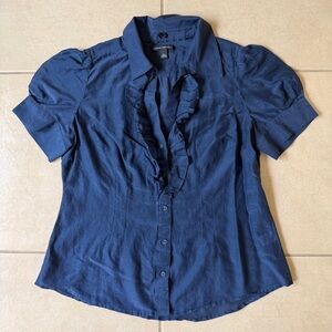 Banana Republic Women's L Navy Button Down Ruffles Silk Blend Shirt